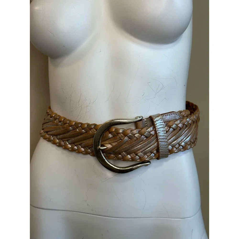 Linea Pelle Tan Silver Gold Metallic Braided Leather Belt sz M 41" - Picture 9 of 11